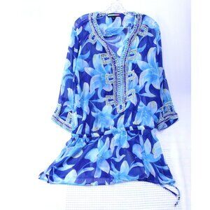 Embellished Blue Floral Tunic Dress With Beaded Neckline & Cuffs Medium By KeyLi